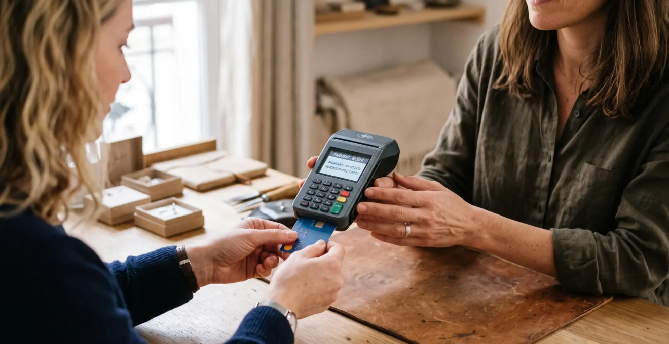 Un professionnel présente un terminal de paiement électronique à un client lors d'une transaction